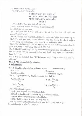 Đề cương ôn tập Giữa kì 1 KHTN 8 năm 2023–2024 trường THCS Ngọc Lâm (Hà Nội)